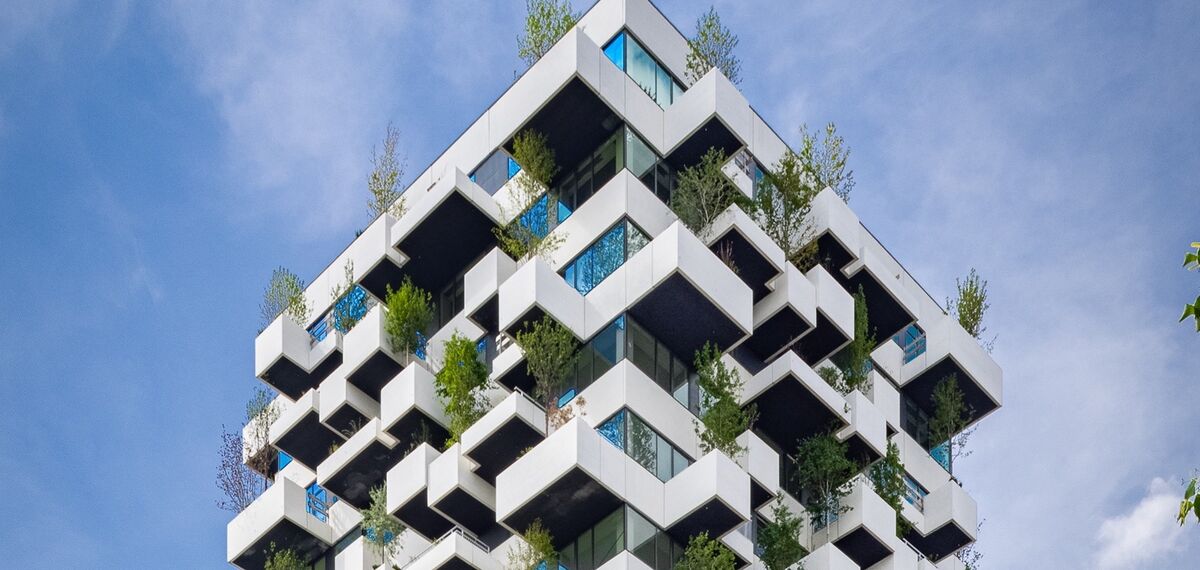Enkele verdiepingen van de Trudo Tower langs de buitenkant. 