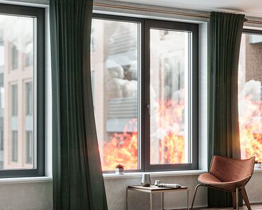 Windows with a fire outside